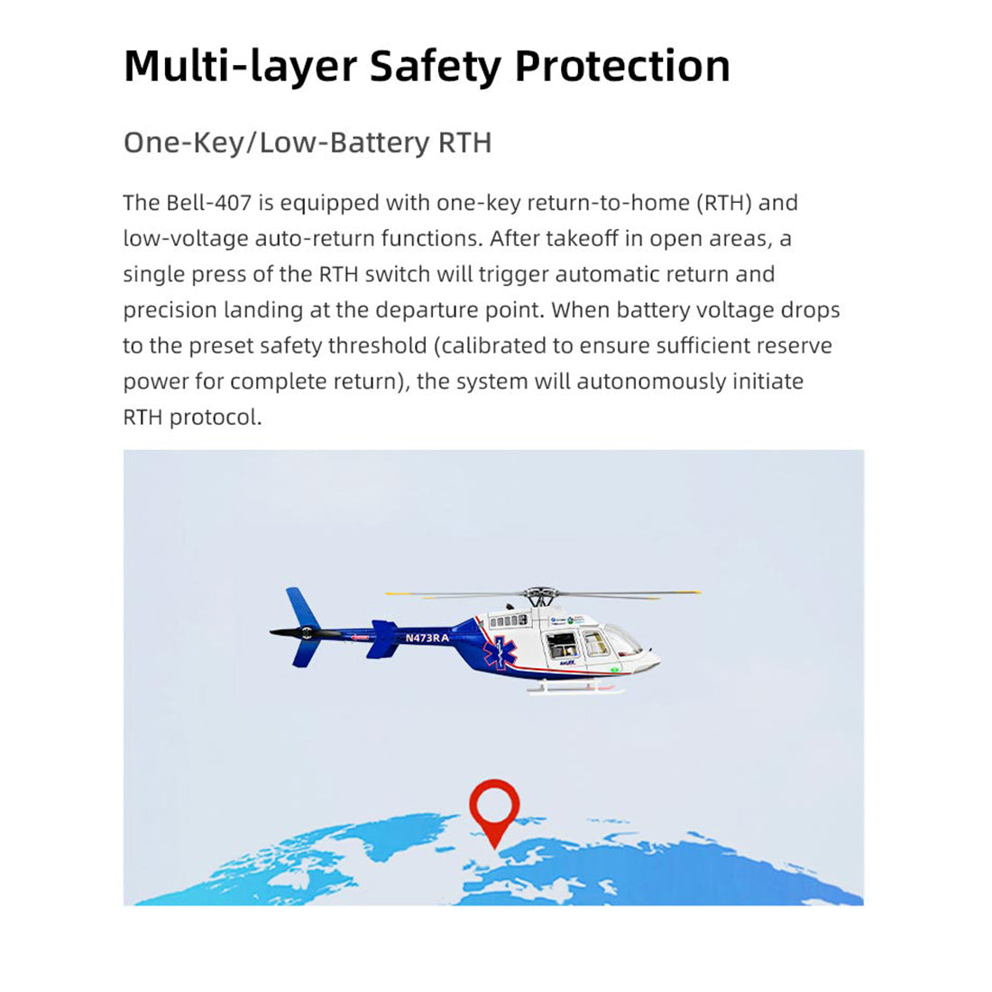 FLYWING BELL-407 470 Class RC Helicopter, Adjustable Left/Right Hand Flight Control, 2.4G Six Path Four Rotor Military Helicopter Model with ACE Flight Controller, GPS and Quick Release Rotors (RTF Version)