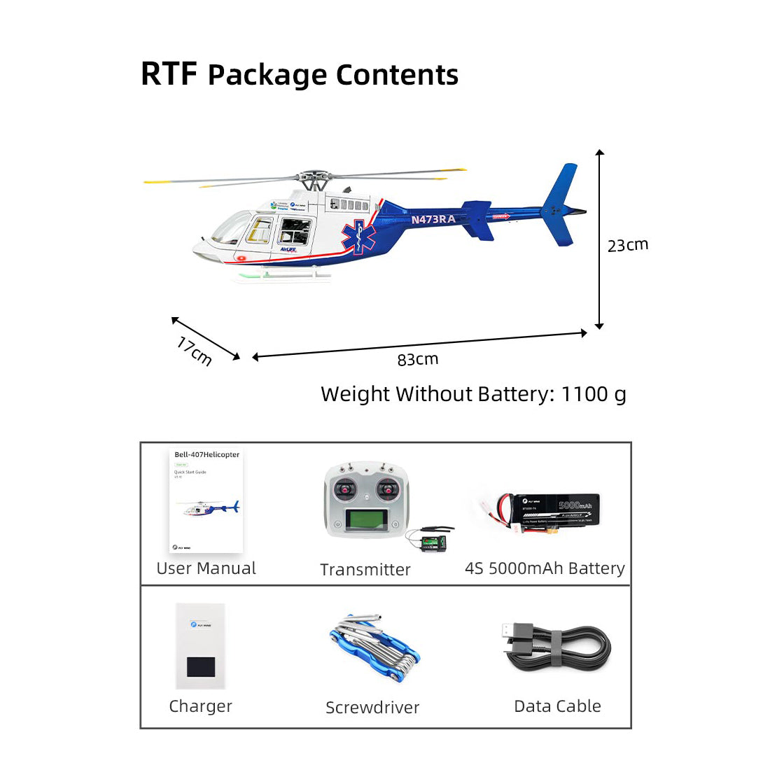 FLYWING BELL-407 470 Class RC Helicopter, Adjustable Left/Right Hand Flight Control, 2.4G Six Path Four Rotor Military Helicopter Model with ACE Flight Controller, GPS and Quick Release Rotors (RTF Version)