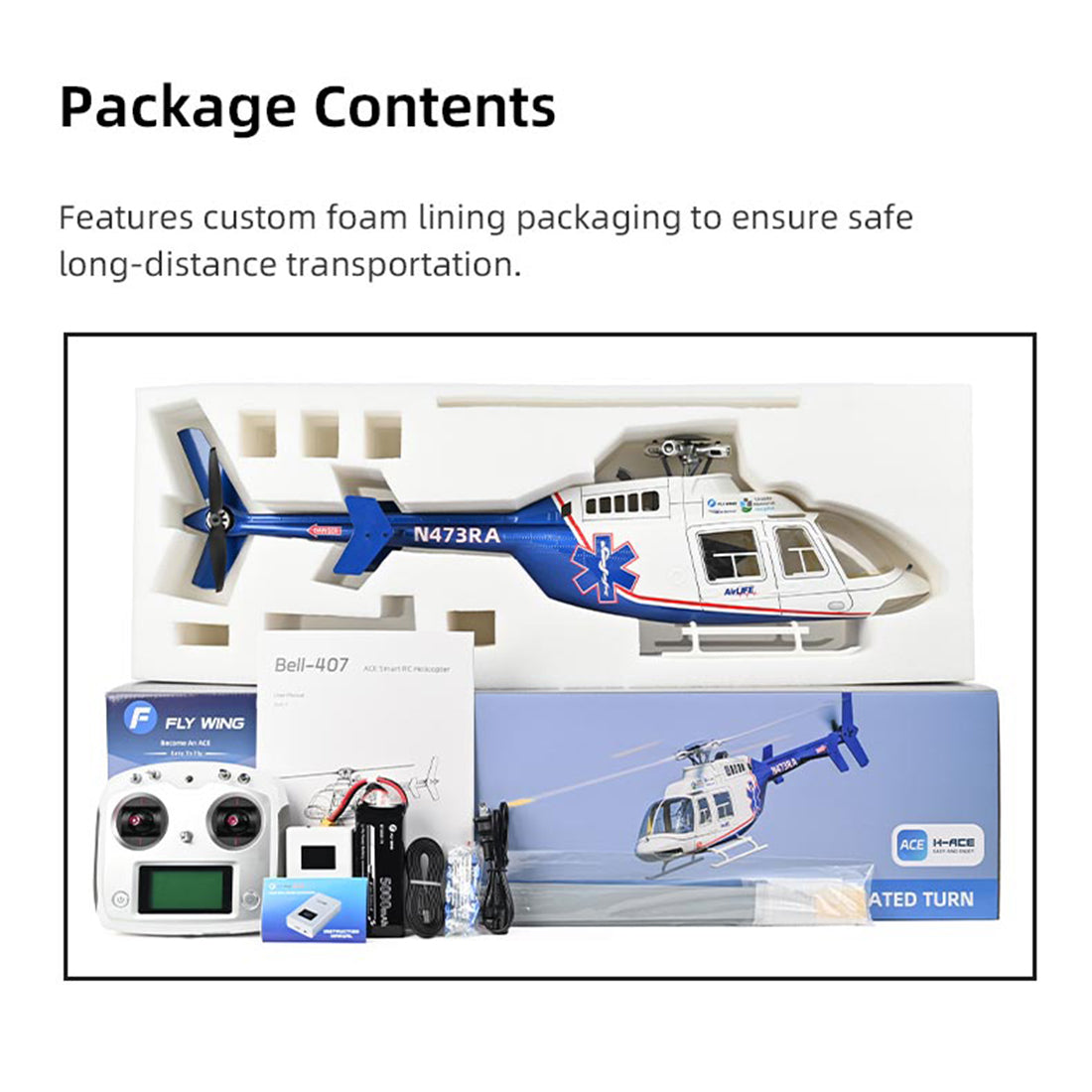 FLYWING BELL-407 470 Class RC Helicopter, Adjustable Left/Right Hand Flight Control, 2.4G Six Path Four Rotor Military Helicopter Model with ACE Flight Controller, GPS and Quick Release Rotors (RTF Version)