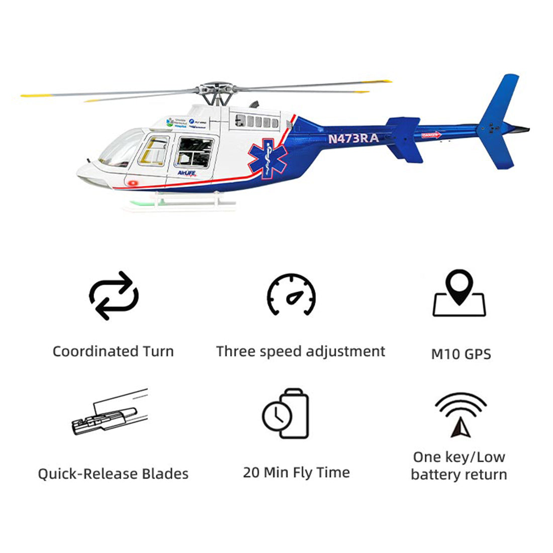 FLYWING BELL-407 470 Class RC Helicopter, Adjustable Left/Right Hand Flight Control, 2.4G Six Path Four Rotor Military Helicopter Model with ACE Flight Controller, GPS and Quick Release Rotors (RTF Version)
