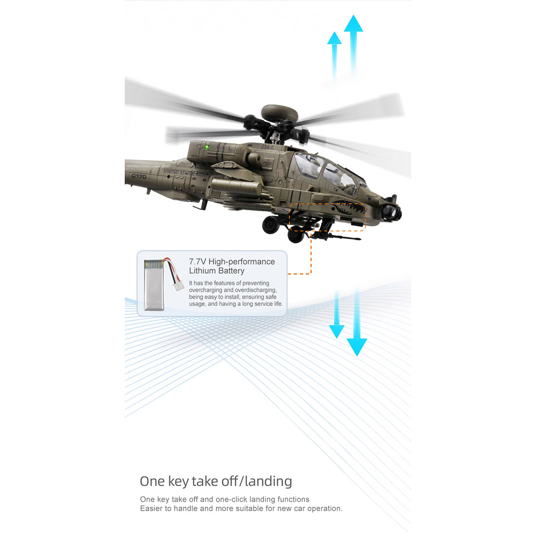 C170 1/48 Scale AH-64D 2.4G 6CH RC Helicopter, Flybarless Military Helicopter with Optical Flow Positioning, TOF & Altitude Hold, One-Key Inverted Flight, Brushless Motor (RTF Version)