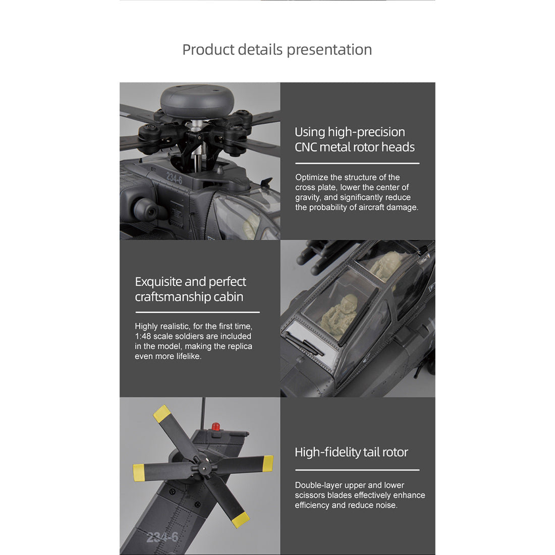 C170 1/48 Scale AH-64D 2.4G 6CH RC Helicopter, Flybarless Military Helicopter with Optical Flow Positioning, TOF & Altitude Hold, One-Key Inverted Flight, Brushless Motor (RTF Version)