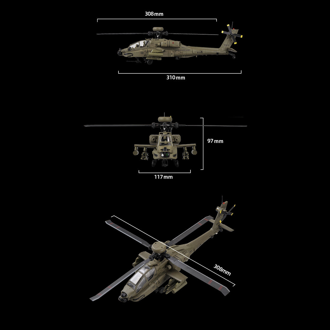 C170 1/48 Scale AH-64D 2.4G 6CH RC Helicopter, Flybarless Military Helicopter with Optical Flow Positioning, TOF & Altitude Hold, One-Key Inverted Flight, Brushless Motor (RTF Version)