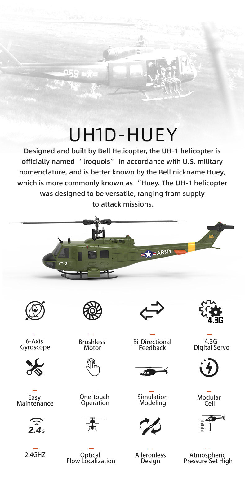 YU XIANG F07 1:34 UH-1 Huey 2.4G 6-channel remote control brushless direct drive RC Helicopter Optical Flow Positioning RTF