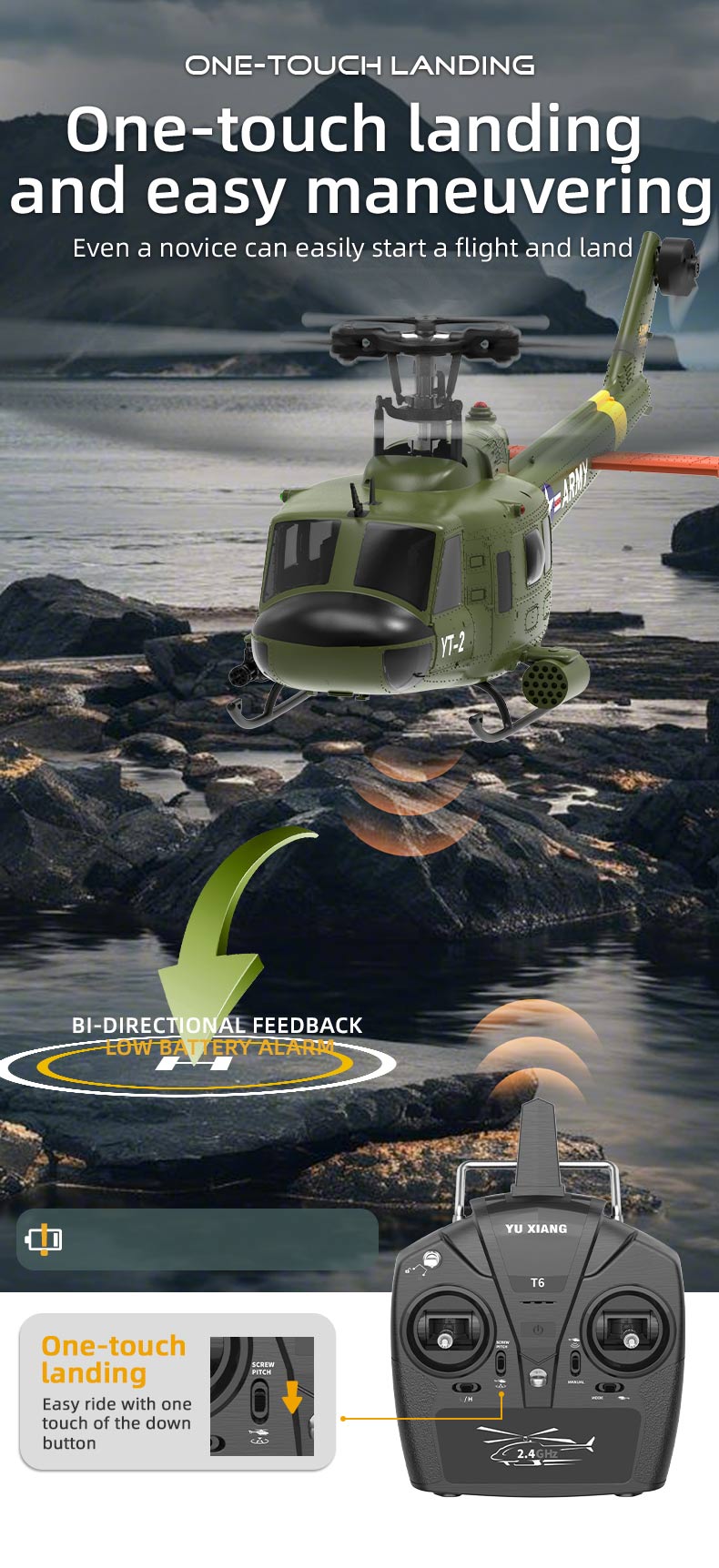 YU XIANG F07 1:34 UH-1 Huey 2.4G 6-channel remote control brushless direct drive RC Helicopter Optical Flow Positioning RTF