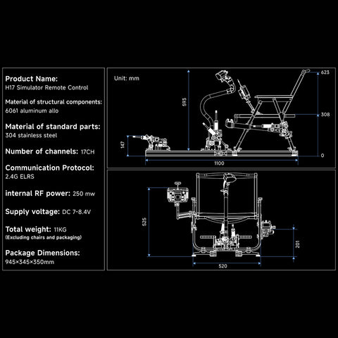 H17 Helicopter Flight Simulator Controller | 17CH CNC Metal Transmitter with Collective Pitch Lever & Foot Pedals (Seat Not Included)