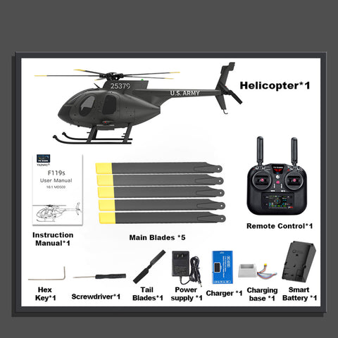 YU XIANG F119S MD500 1/16 Scale 250-Class 2.4G 9CH RC Little Bird Military Helicopter Model with Flybarless Rotor Head, 6G/3D Switchable Modes & Openable Cockpit