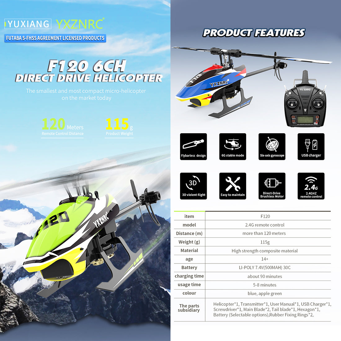 YU XIANG F120 6CH 3D6G Brushless Flybarless RC Helicopter | RTRhobby