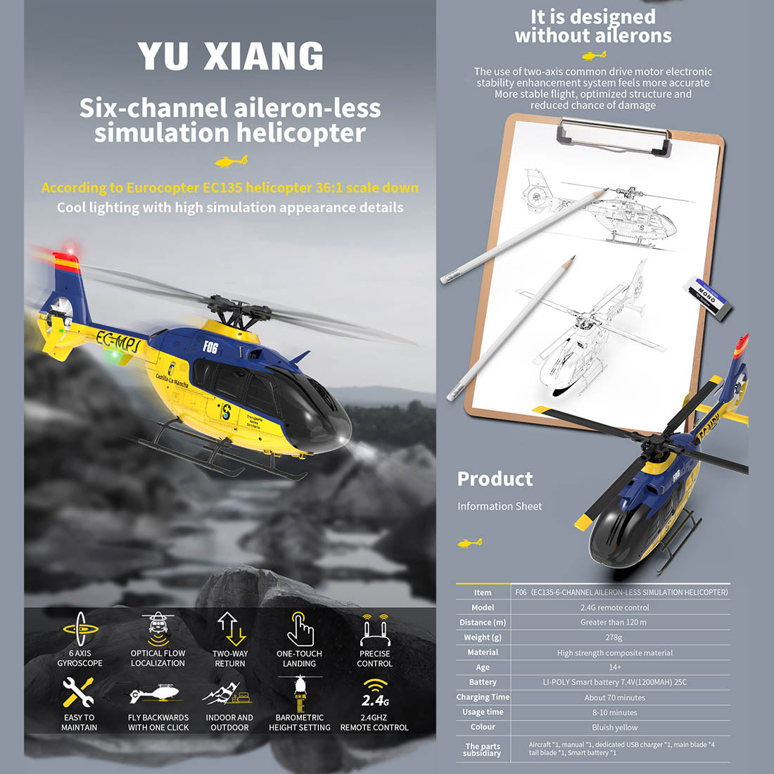 Yu Xiang 1/36 EC135 Fuselage Flybarless RC Helicopter RTF | RTRhobby