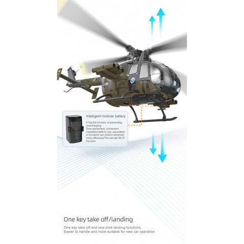 C180 1/25 Scale RC Helicopter 2.4G 6CH Single Rotor Flybarless, Barometer + TOF LiDAR Altitude Hold, Optical Flow Positioning, One-Key Inverted Flight & Takeoff/Landing, with Missile Rack (RTF Version)