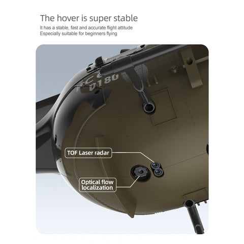 C180 1/25 Scale RC Helicopter 2.4G 6CH Single Rotor Flybarless, Barometer + TOF LiDAR Altitude Hold, Optical Flow Positioning, One-Key Inverted Flight & Takeoff/Landing, with Missile Rack (RTF Version)