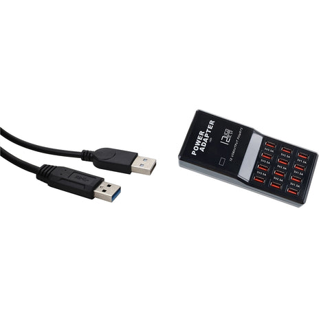 USB 3.0 Extension Cable, Dual A Male to A Female Adapter, High-Speed Data Transfer Cable with Auxiliary Power for External Hard Drives + 12-Port USB Charging Station, Multi-Device 5V Intelligent USB Charger with Global Plug Options