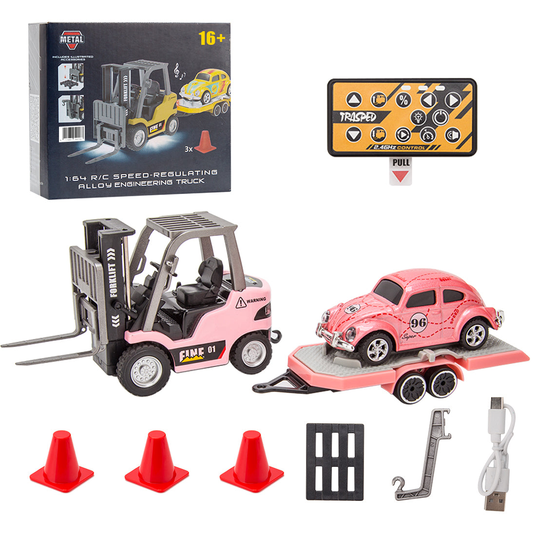 1/64 Scale 2.4G Mini Alloy RC Forklift Truck with Wireless Controller, Cargo Hook, Forks and Pallet