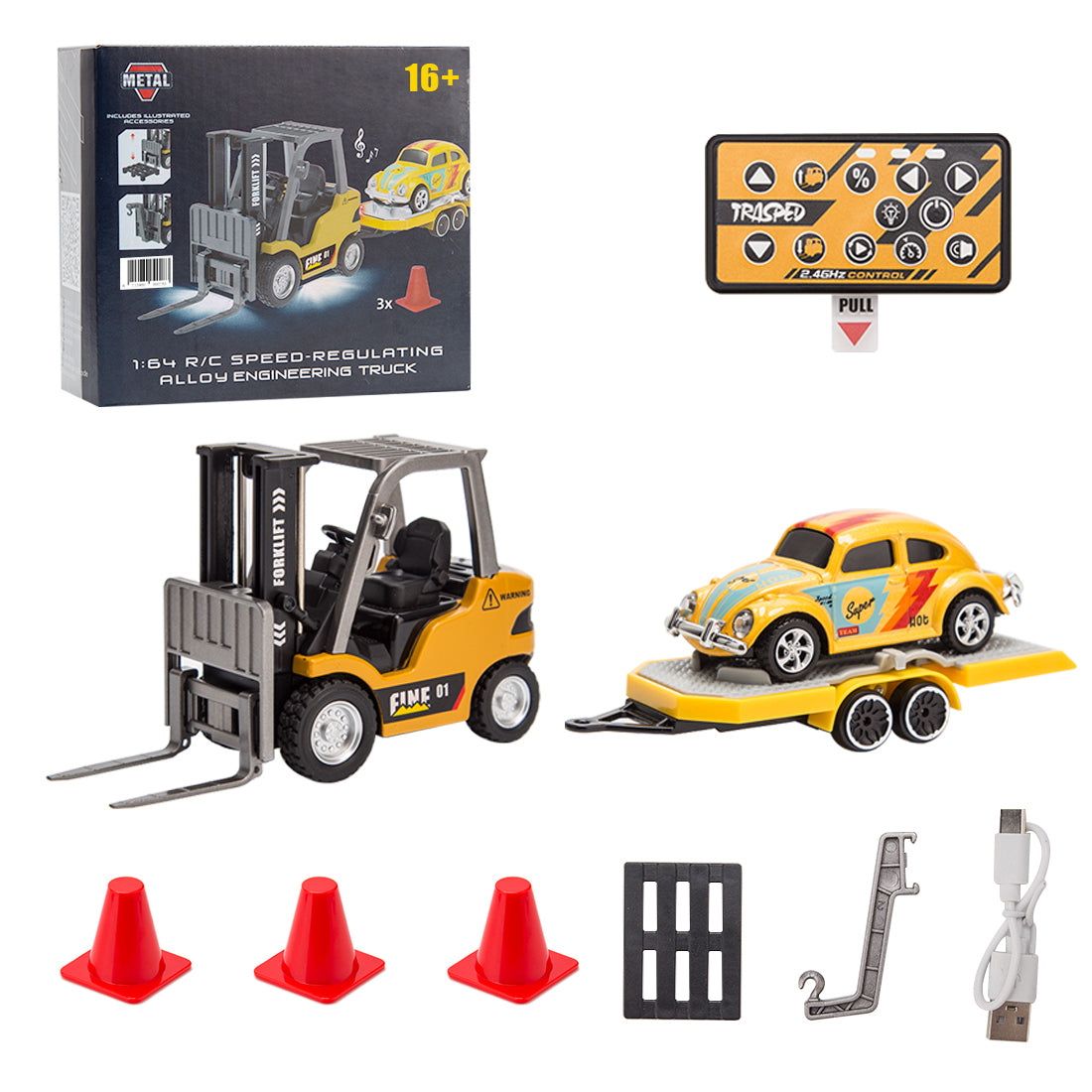 1/64 Scale 2.4G Mini Alloy RC Forklift Truck with Wireless Controller, Cargo Hook, Forks and Pallet