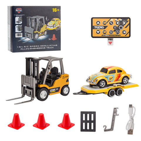 1/64 Scale 2.4G Mini Alloy RC Forklift Truck with Wireless Controller, Cargo Hook, Forks and Pallet