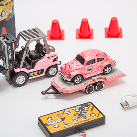 1/64 Scale 2.4G Mini Alloy RC Forklift Truck with Wireless Controller, Cargo Hook, Forks and Pallet