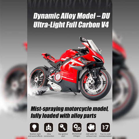 1/7 Scale Alloy Dynamic Motorcycle Model - V4 Edition with Ignition System & Smoke Spray