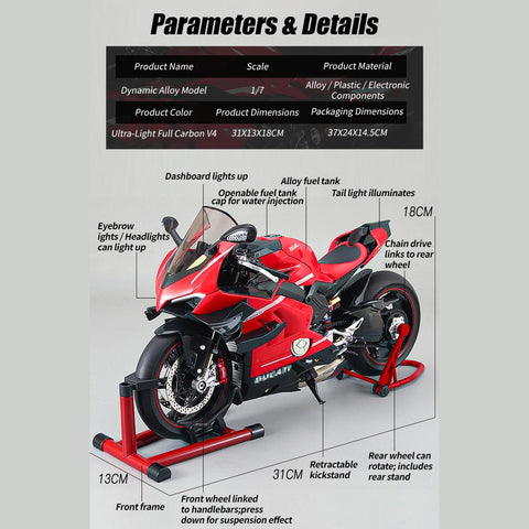 1/7 Scale Alloy Dynamic Motorcycle Model - V4 Edition with Ignition System & Smoke Spray