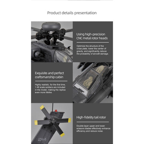C170 1/48 Scale AH-64D 2.4G 6CH RC Helicopter, Flybarless Military Helicopter with Optical Flow Positioning, TOF & Altitude Hold, One-Key Inverted Flight, Brushless Motor (RTF Version)