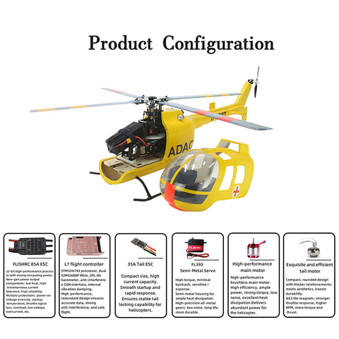 FL500 BO105 500-Class 2.4G 6CH Scale RC Helicopter Model with FLISHRC L7 Flight Controller, 4-Mode Positioning GPS, Realistic Cockpit(TRF Version)