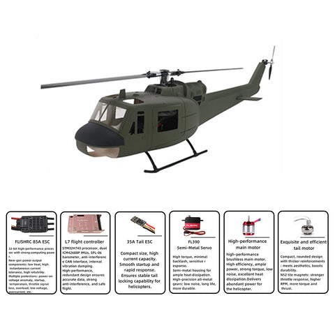 FL500 UH-1 Huey 500-Class 2.4G 6CH Scale RC Helicopter Model with FLISHRC L7 Flight Controller, 4-Mode Positioning GPS (RTF Version)