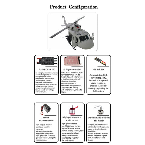 FL500 UH-1N Twin Huey 500-Class 2.4G 6CH Scale RC Helicopter Model with FLISHRC L7 Flight Controller, 4-Mode Positioning GPS, Realistic Cockpit (RTF Version）