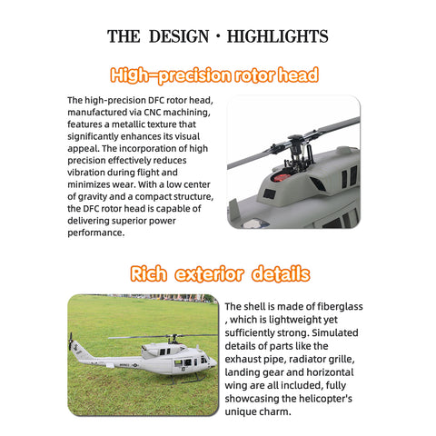 FL500 UH-1N Twin Huey 500-Class 2.4G 6CH Scale RC Helicopter Model with FLISHRC L7 Flight Controller, 4-Mode Positioning GPS, Realistic Cockpit (RTF Version）
