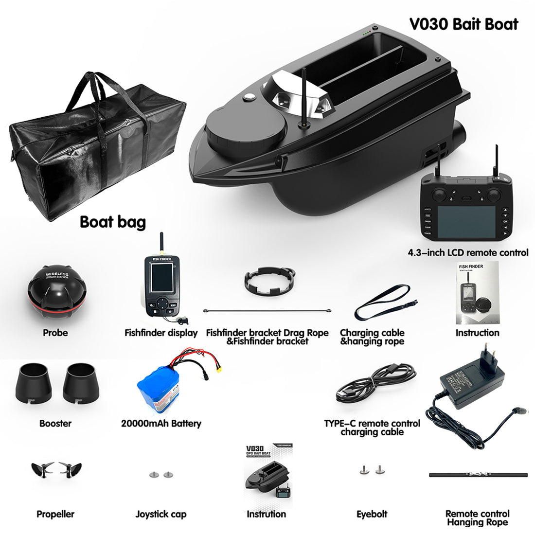 bait boat fish finders V030 12V 2.4G High-Speed RC Bait Boat with GPS Positioning