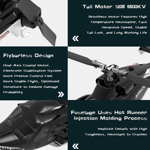 WOLFBUSH AW-911 Airwolf 1/34 Scale 2.4G 9CH Flybarless RC Helicopter with 6G/3D Stunt Mode and GPS Positioning