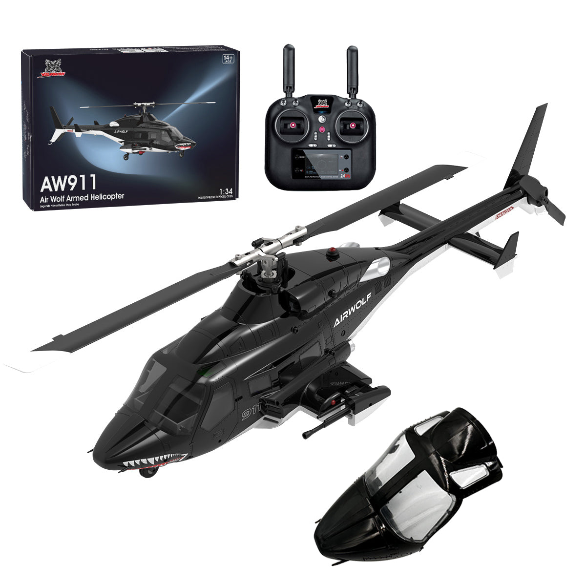 WOLFBUSH AW-911 Airwolf 1/34 Scale 2.4G 9CH Flybarless RC Helicopter with 6G/3D Stunt Mode and GPS Positioning