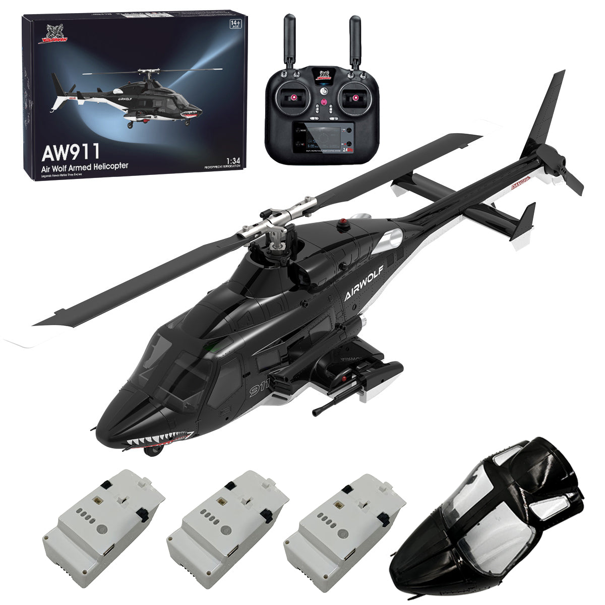 WOLFBUSH AW-911 Airwolf 1/34 Scale 2.4G 9CH Flybarless RC Helicopter with 6G/3D Stunt Mode and GPS Positioning