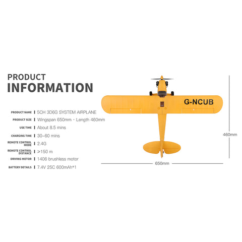 XK A160 J3 3D/6G 2.4G 5CH Brushless Scale RC Airplane Model, 650mm Wingspan EPP Fixed Wing Aircraft with Quick Release (RTF Version)
