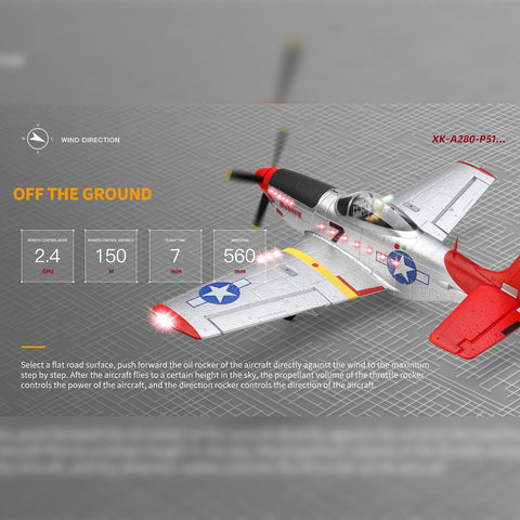 XK A280 P-51 3D/6G 2.4G 4CH Brushless Scale RC Airplane Model, 560mm Wingspan EPP Fixed Wing Aircraft with Quick Release (RTF Version)