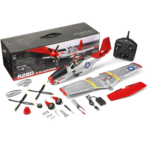 XK A280 P-51 3D/6G 2.4G 4CH Brushless Scale RC Airplane Model, 560mm Wingspan EPP Fixed Wing Aircraft with Quick Release (RTF Version)