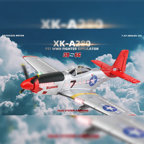 XK A280 P-51 3D/6G 2.4G 4CH Brushless Scale RC Airplane Model, 560mm Wingspan EPP Fixed Wing Aircraft with Quick Release (RTF Version)