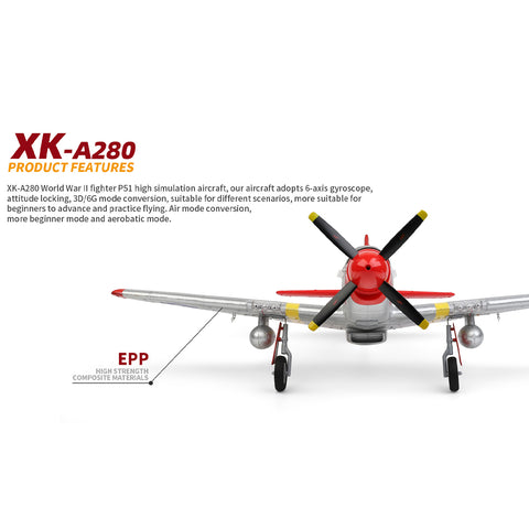 XK A280 P-51 3D/6G 2.4G 4CH Brushless Scale RC Airplane Model, 560mm Wingspan EPP Fixed Wing Aircraft with Quick Release (RTF Version)