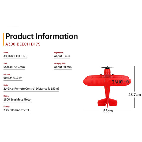XK A300 Beech D17S Biplane 3D/6G 2.4G 4CH Brushless Scale RC Airplane Model, 550mm Wingspan EPP Fixed Wing Aircraft with Quick Release (RTF)