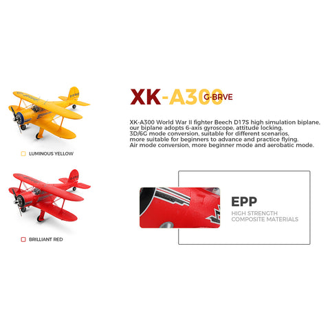XK A300 Beech D17S Biplane 3D/6G 2.4G 4CH Brushless Scale RC Airplane Model, 550mm Wingspan EPP Fixed Wing Aircraft with Quick Release (RTF)