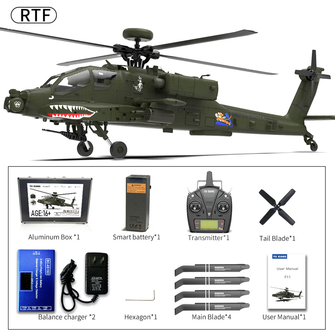 YU XIANG Apache F11 AH64 Dual-Axis Military RC Helicopter | RTRhobby