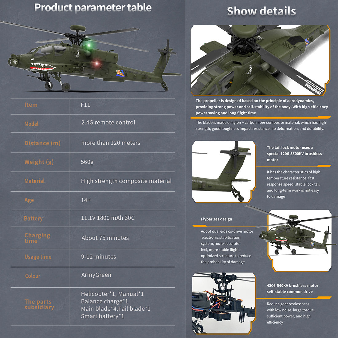 YU XIANG Apache F11 AH64 Dual-Axis Military RC Helicopter | RTRhobby