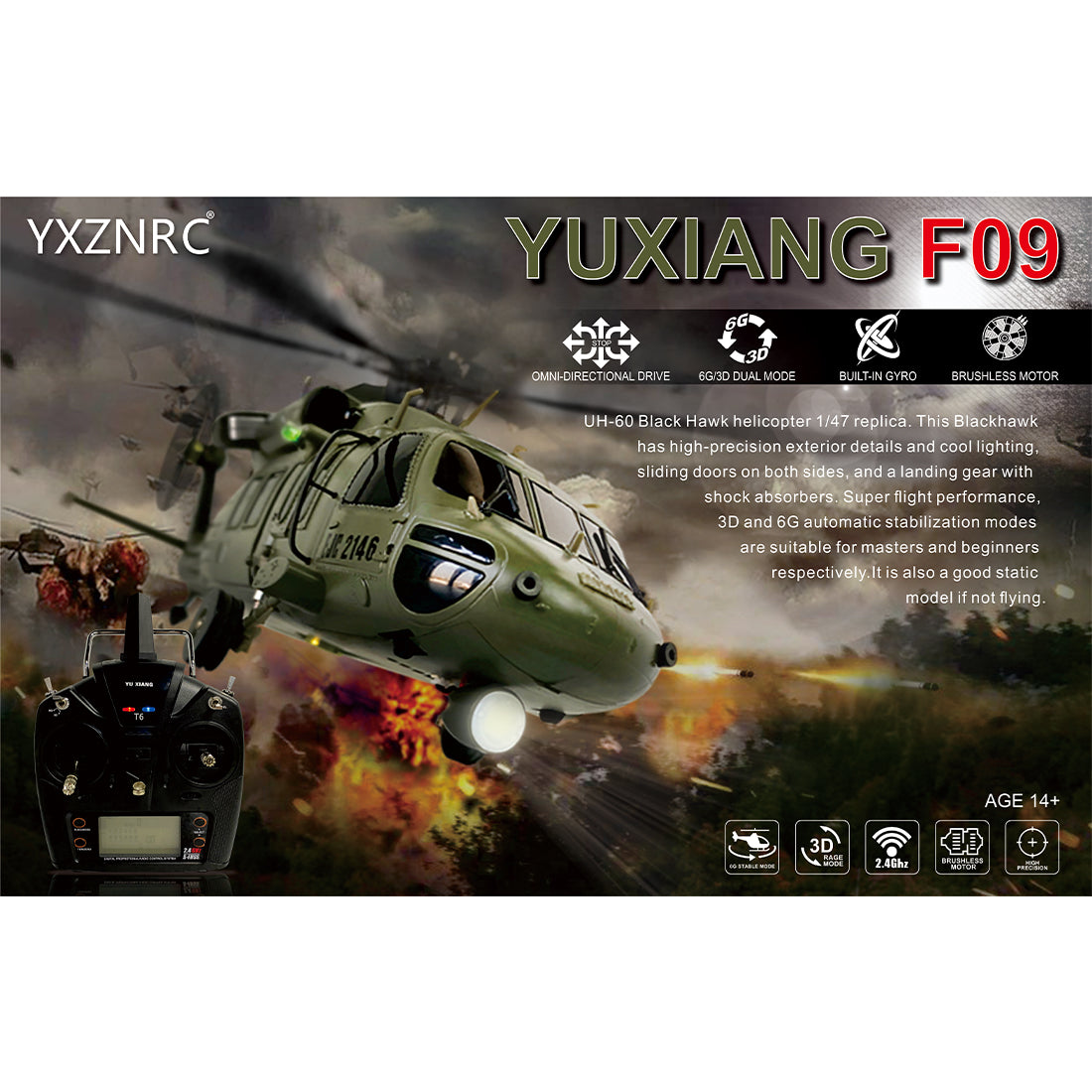 YUXIANG Black Hawk F09 1/47 6CH Brushless RC Helicopter RTF | RTRhobby