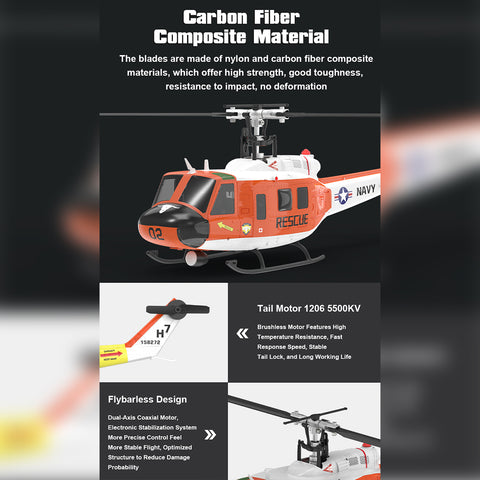 YU XIANG F07H UH-1 Huey 1/34 Scale Brushless Direct Drive RC Helicopter with GPS Positioning, 6G Flybarless, Altitude Hold & One-Key Figure 8 Flight (RTF, SAR Livery)