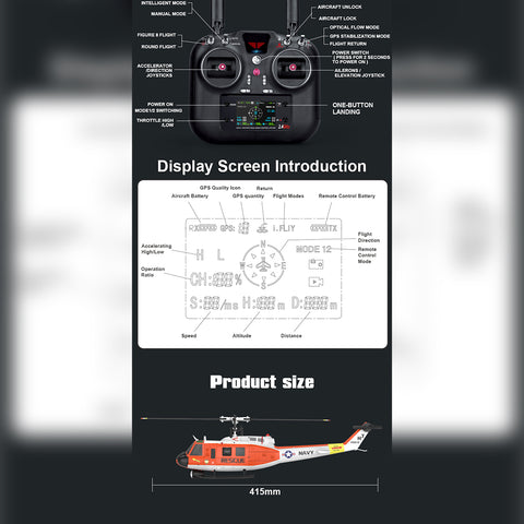 YU XIANG F07H UH-1 Huey 1/34 Scale Brushless Direct Drive RC Helicopter with GPS Positioning, 6G Flybarless, Altitude Hold & One-Key Figure 8 Flight (RTF, SAR Livery)